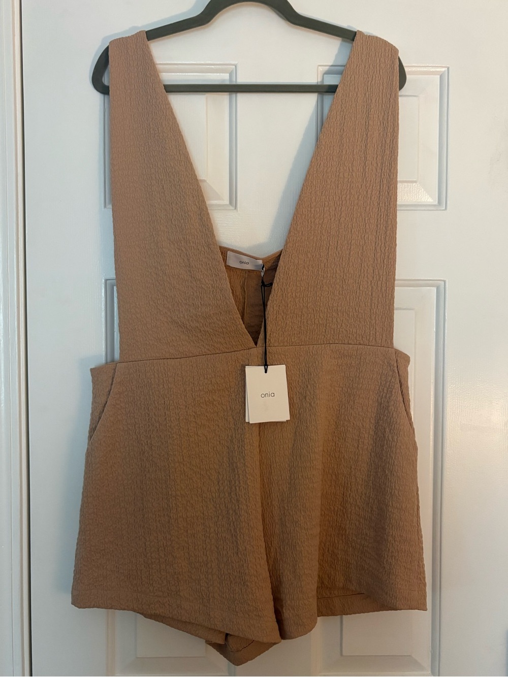 Onia Sleeveless V-Neck Romper in Camel